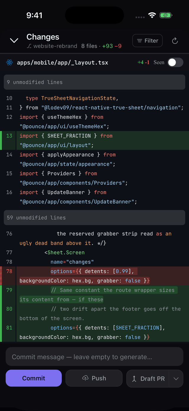 The Pounce changes view showing a syntax-highlighted diff with commit, push and draft PR actions
