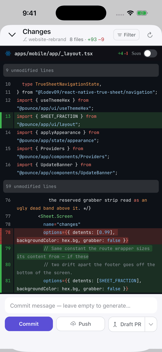 The Pounce changes view showing a syntax-highlighted diff with commit, push and draft PR actions