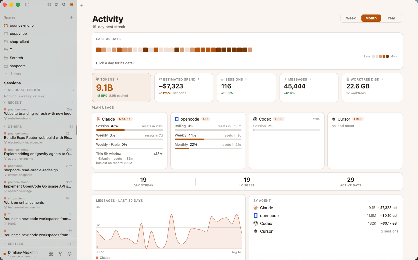 The Pounce desktop app — Spaces sidebar, sessions grouped by what needs attention, and the activity dashboard with tokens, spend, worktree disk and per-plan usage