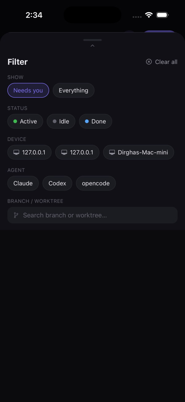 Filter the fleet by device, agent, status, branch or project