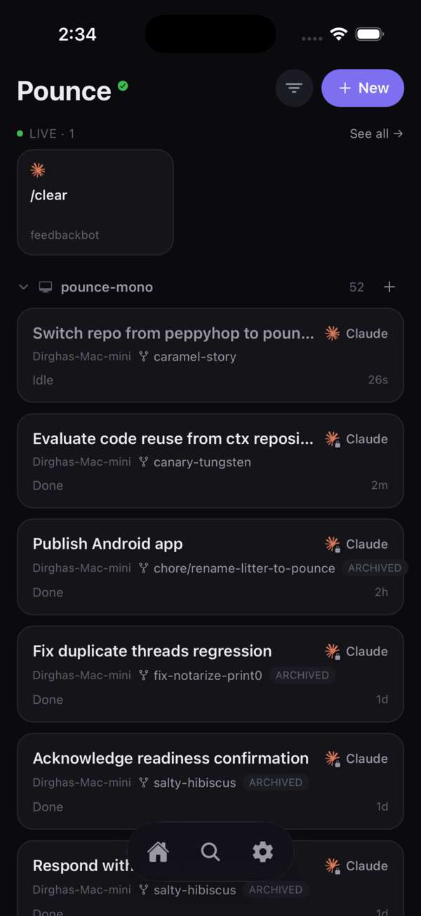 Pounce home — all your coding agents across every machine, sorted by what needs you